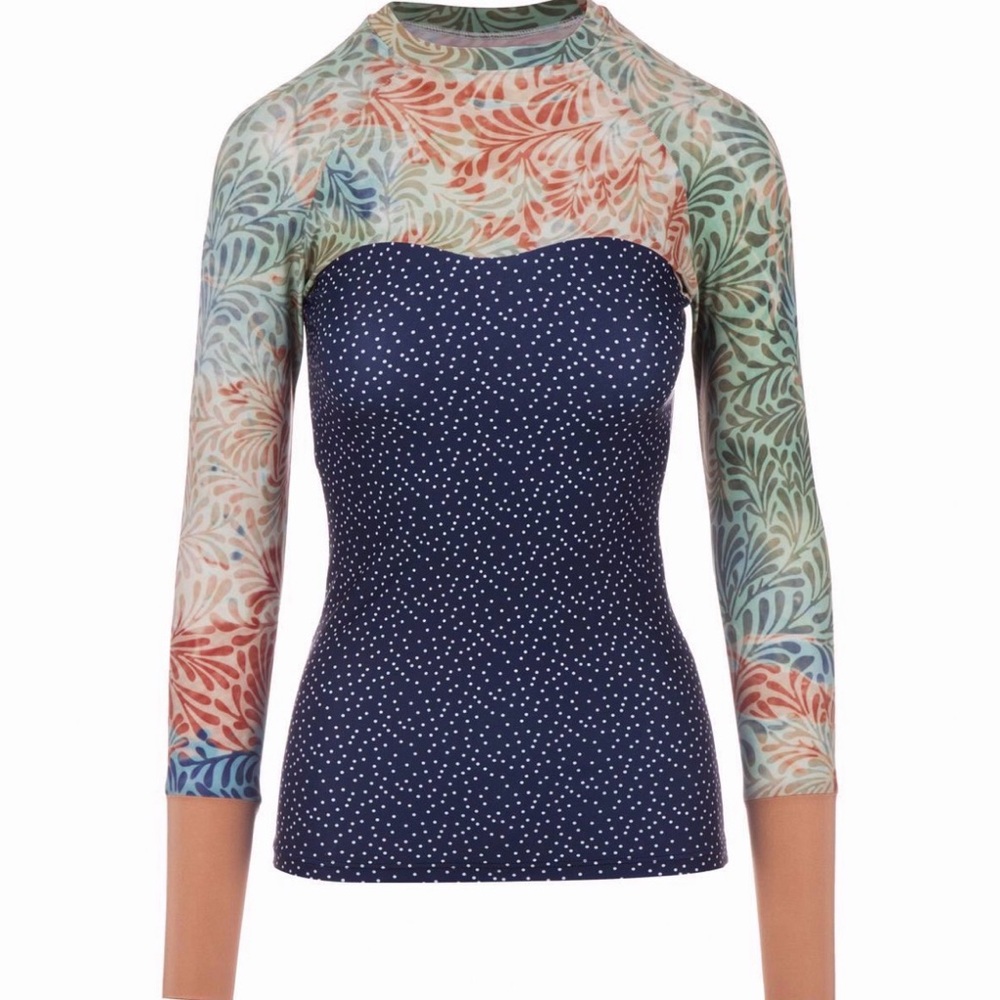 Seea Women's Navy Polka Dot Rash Guard with Multicolor Leaf Print Sleeves